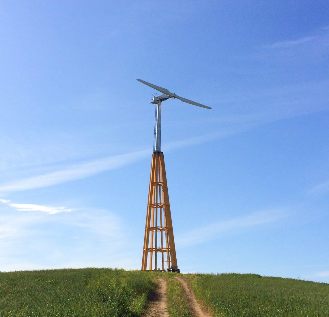 Dalifant small wind turbine 11 kW on a wooden tower on a green field