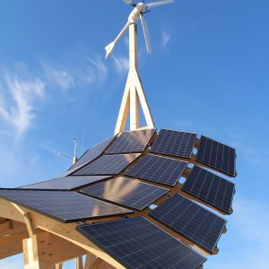 Giraffe 2.0 wind turbine and solar PV on wooden construction