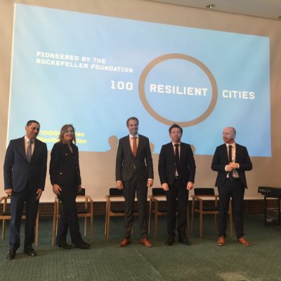Vikram Singh and Christiana Fragola of the 100 Resilient Cities, Chief Resilience Officers of Rotterdam, Paris and Vejle: Arnoud Molenaar, Sébastien Maire and Jonas Kroustrup